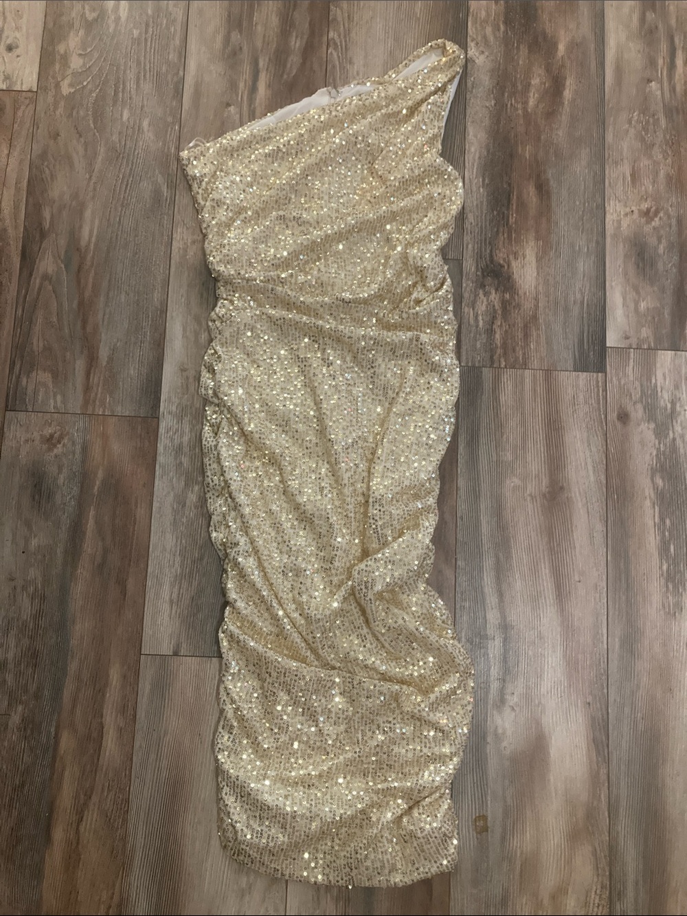 Love X Design Gold Full Sequin Back Ruched Knee Length One Shoulder Dress Size L